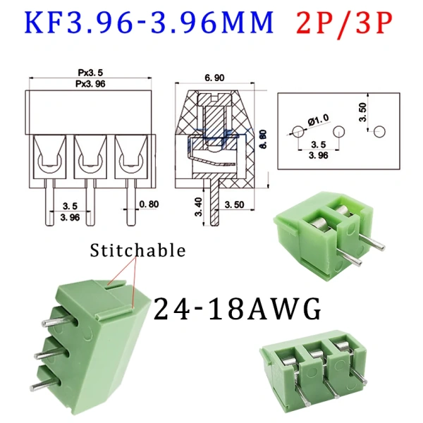 3.96mm KF396 2/3Pin Spliceable PCB Screw Terminal Blocks Wire Connector Pitch 3.96mm Pluggable Plug-in PCB Terminals