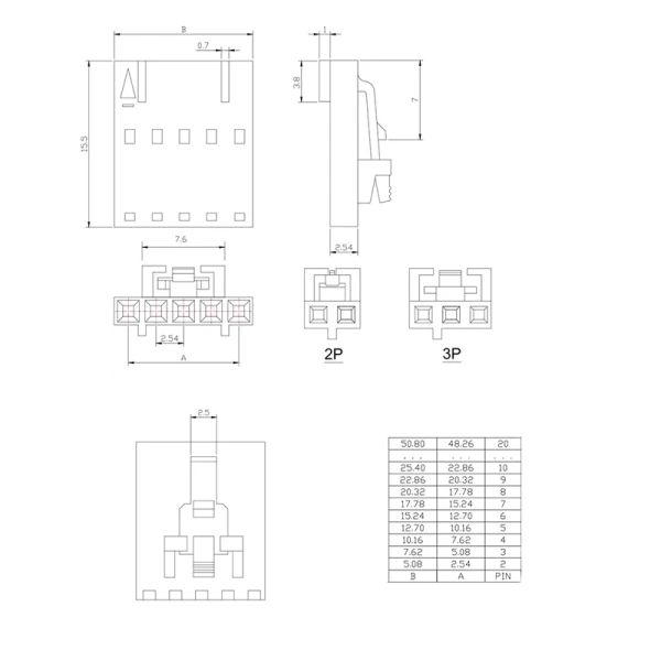 2.54mm pitch MX2.54 Dupont Connector 2/3/4/5/6/7/8/9/10 Pin With Belt Buckle Single Row Housing