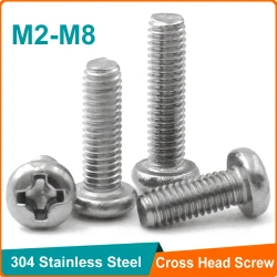 304 Stainless steel M2 M2.5 M3 M3.5 M4 M5 M6 M8 Round Pan Head Phillips Machine Screw Button Head Cap Cross Bolt