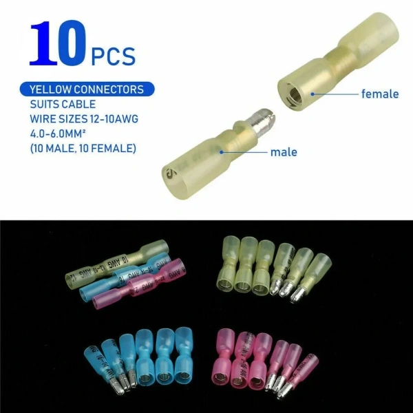 Heat Shrink Bullet Terminal Female Male Electrical Wire Connectors Splice Crimp Terminals 10-22AWG Waterproof Assortment