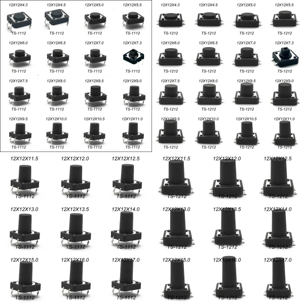 12X12 H=11.5/12/12.513/13.5/14/15/16/17MM 4PIN DIP SMT Momentary Tactile Tact Switch Push Button Key Button Black