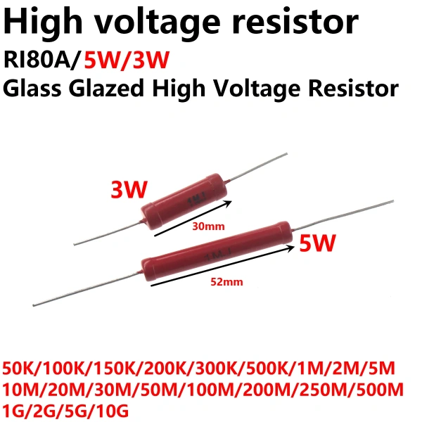 High Voltage Glass Glaze Film Resistor 5W 10K50K100K200K330K500K680K 780k RI80A3W RI80A5W Ohm