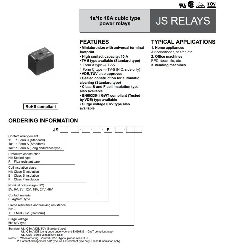 JS1-5V-F JS1 12V F JS1-24V-F AJS1319F AJS1311F AJS1312F 10A 5Pin Power Relay DC5V 12V 24VD