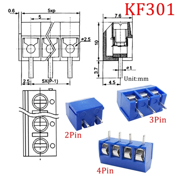 5.0mm  Pitch KF301 2P 3P 4P 5mm Screw Wire Terminal Block KF301-2P KF301-3/4PStraight Pin Spliceable Plug-in PCB Cable Connector