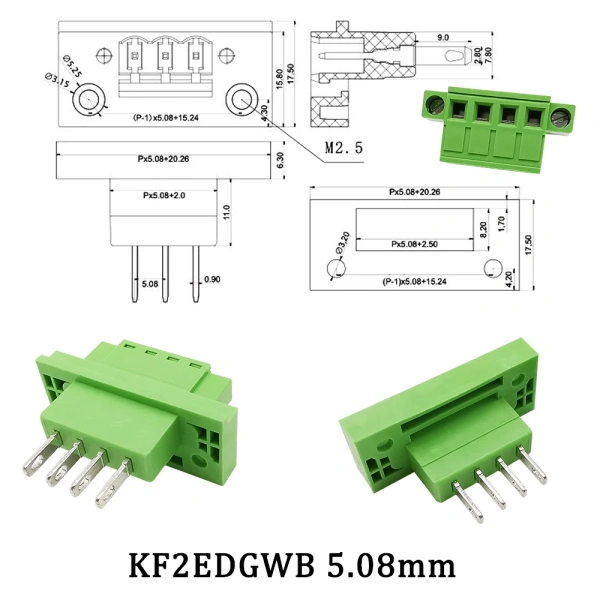 5.08mm Pitch  KF2EDG 2P/3/4/5Pin Through-wall Screw Terminals Block Wire Connector Bulkhead Male Femle Wall Terminals