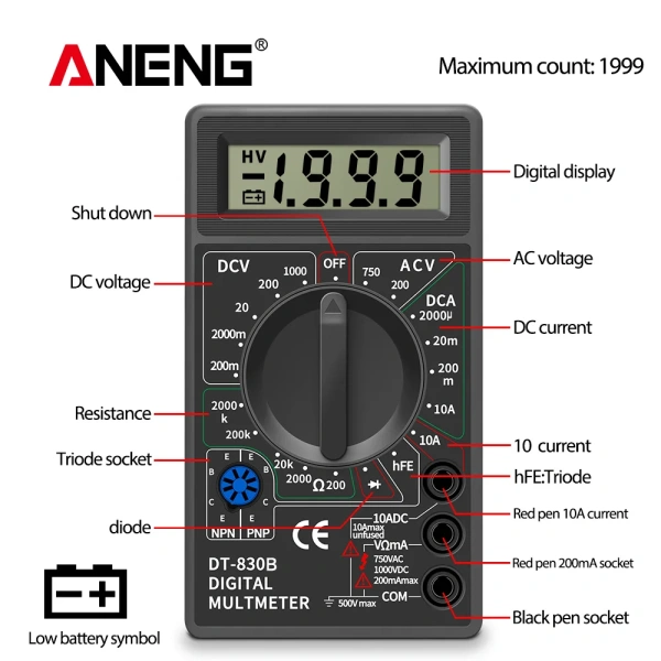 DT830B Digital Multimeter AC/DC LCD Mini Voltmeter Ammeter Ohm Tester 750/1000V High Safety Handheld Meter With Probe