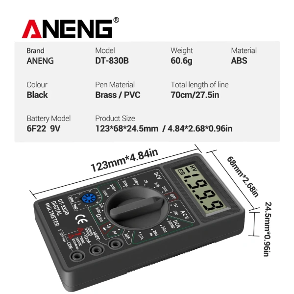 DT830B Digital Multimeter AC/DC LCD Mini Voltmeter Ammeter Ohm Tester 750/1000V High Safety Handheld Meter With Probe