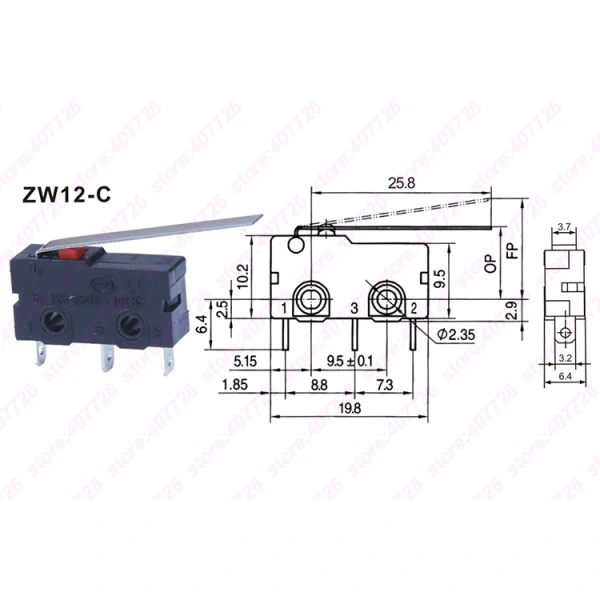 Micro Switch 10mm x 20mm Limit Switch 3 Pin/2 Pin 5A 250VAC ZW12 Series Tact Switch On Off