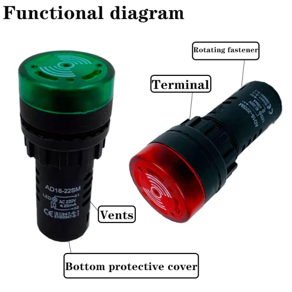 AD16-22SM 22mm Panel Diameter AC 12V 24V 110V 220V Flash Signal Light Red LED Active Buzzer Beep Alarm Indicator Green Yellow
