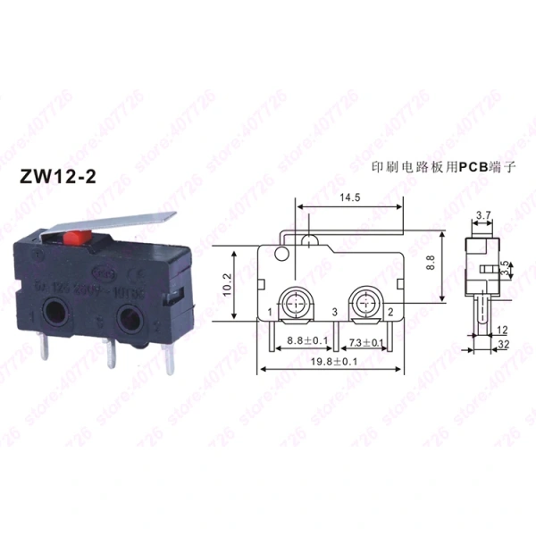 Micro Switch 10mm x 20mm Limit Switch 3 Pin/2 Pin 5A 250VAC ZW12 Series Tact Switch On Off