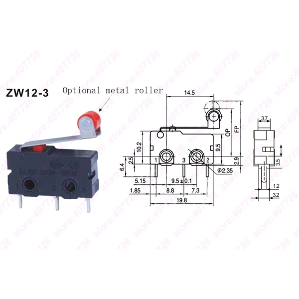 Micro Switch 10mm x 20mm Limit Switch 3 Pin/2 Pin 5A 250VAC ZW12 Series Tact Switch On Off