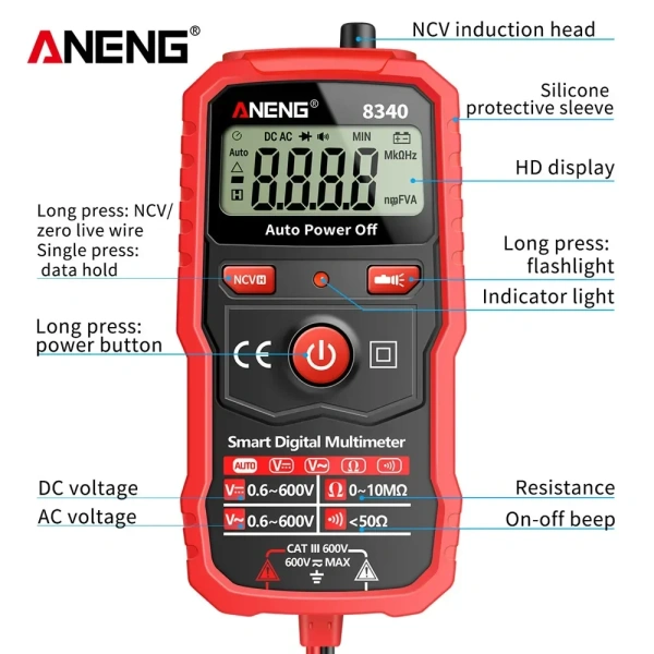ANENG 8340 Intelligent Anti Burn Digital Multimeter Voltmeter Ohm Meter 1999 Counting AC/DC Voltage Resistance NCV Household Cir