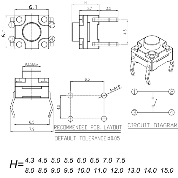 Sealed Waterproof 6x6mm H=4.3/4.5/5/5.5/6/6.5/7/8/9/10/11~15MM 4Pin DIP Key Button Momentary Tact Button Switch 4Pin DIP