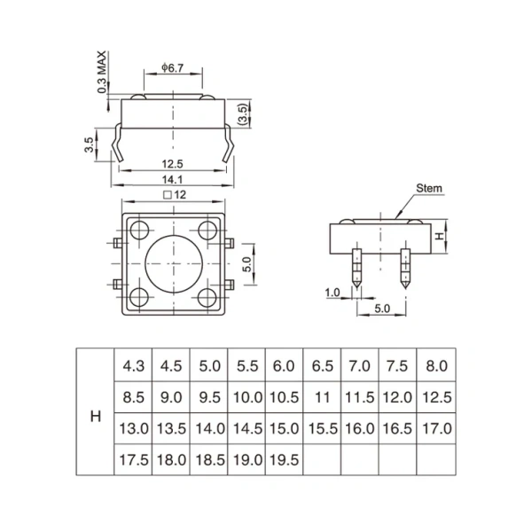 12X12 H=11.5/12/12.513/13.5/14/15/16/17MM 4PIN DIP SMT Momentary Tactile Tact Switch Push Button Key Button Black