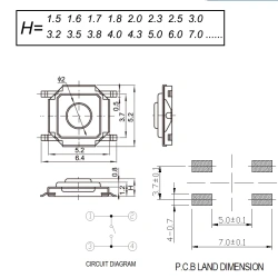 5.2x5.2mm Height From 1.5mm To 9mm Momentary Metal Tactical Push Button Switch SMT 4PIN Mini Key Button 260G Force