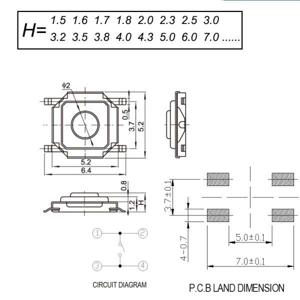5.2x5.2mm Height From 1.5mm To 9mm Momentary Metal Tactical Push Button Switch SMT 4PIN Mini Key Button 260G Force