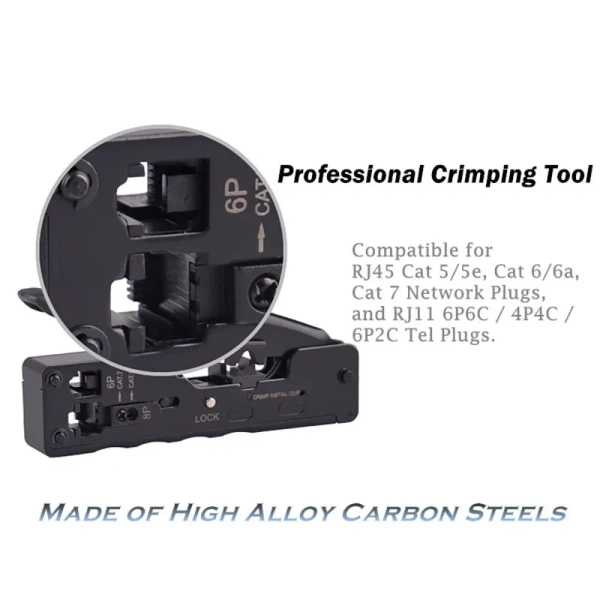 EZ-Type RJ45 Network Crimper - Crimp/Cut LAN CAT8/7/6A/6/5E (STP/UTP/With Tail Clip) & RJ11/12 TEL Modular Cable (AM-718)