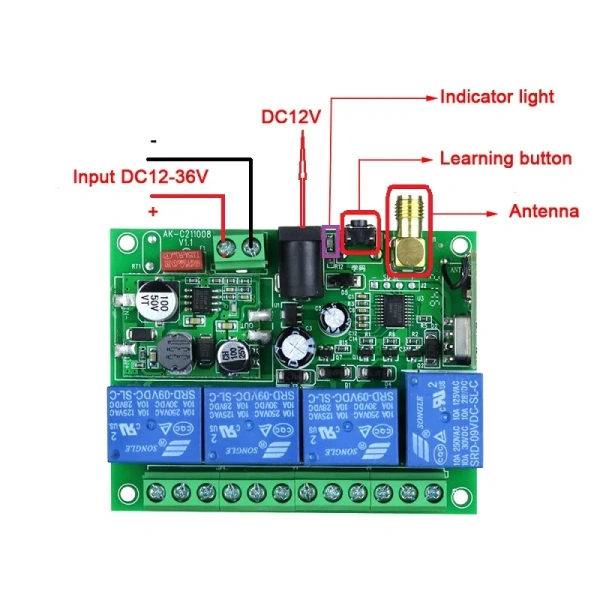 4CH 433MHz DC12V 24V 36V 10A Relay Switch Wireless Remote Control system RF Receiver Transmitter Electric door Moto Smart home